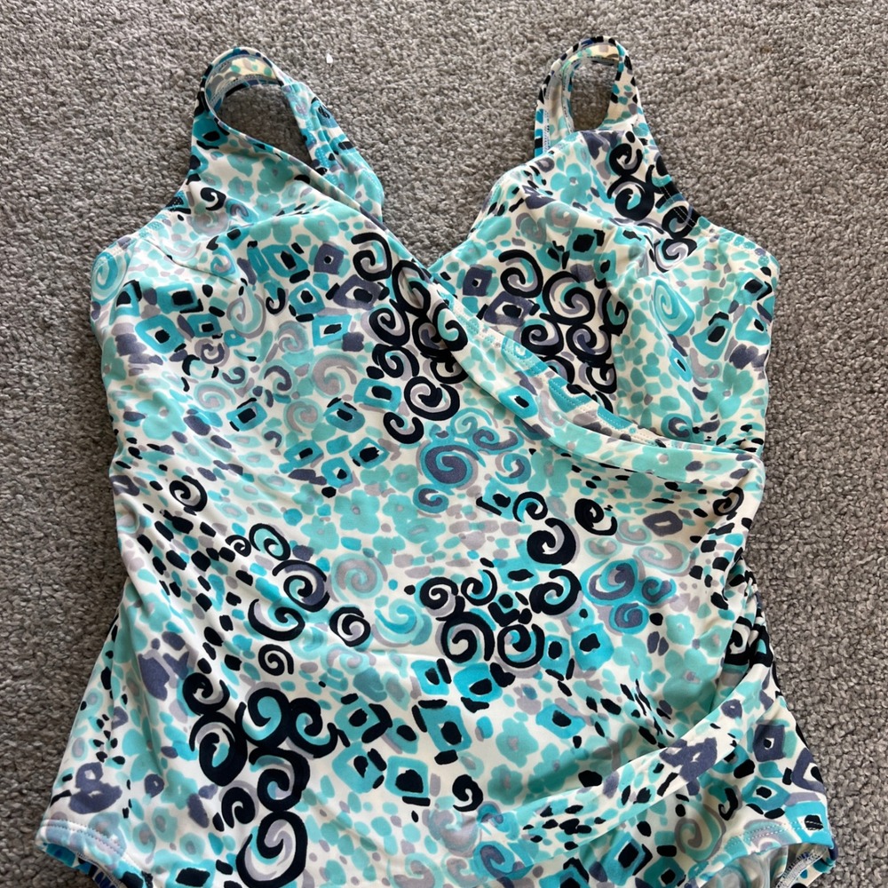 Longitude One Piece Swimsuit Womens 10 Blue Teal Abstract Wrap tummy control - Picture 3 of 13